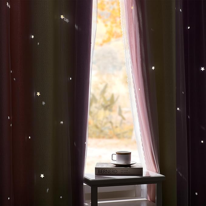 XiDi Pink & Rainbow Curtains for Kids & Girl Room - Blackout, Unicorn Wall Decals, Purple & Yellow, 34x84 Inch, 1 Panel