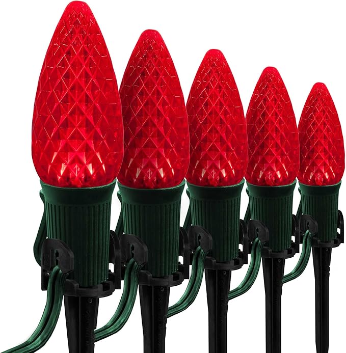 Wintergreen Lighting 50' OptiCore LED C9 Red Pathway Christmas Lights, Heavy Duty Bulbs for Driveway, Walkway Marker, 5" Commercial PathPRO Stakes, 18 Gauge Green Wire