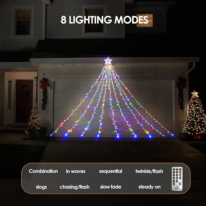 WBao Outdoor Christmas Decorations with 12" Star Topper, 344 LED 11.9ft Waterfall Christmas Lights with Remote Control, 8 Modes, 3 Timers, UL Listed, Waterproof for Tree Roof Porch Decor, Multicolor