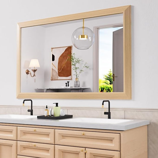 Amorho 48X30 Inch Bathroom Mirror for Wall, Oak Wood Grain Metal Framed Mirror, Anti-Rust, Hang Horizontally/Vertically, Suitable for Vanity, Bedroom, Farmhouse, Bathroom