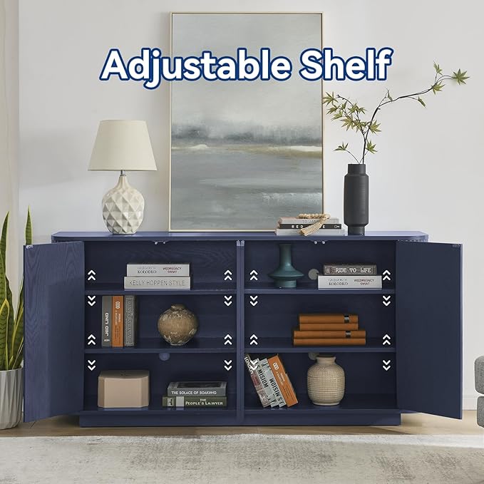 64" Sideboard Buffet Cabinet with Storage, Modern Fluted Accent Credenza with Adjustable Shelves, Wood Coffee Bar Console Table for Living Room Kitchen Dining Room Hallway, 31.5" H, Blue