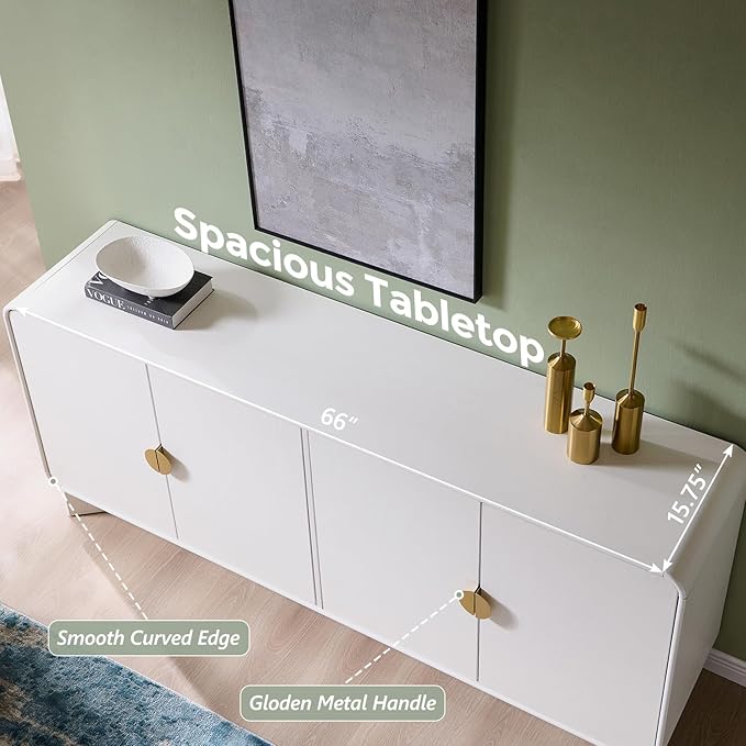 Modern Buffet Cabinet with Storage, 70" Large Sideboard Buffet Storage Cabinet with 4 Doors and Adjustable Shleves, Wooden Curved Coffee Bar for Dining Room, Kitchen, Living Room, White