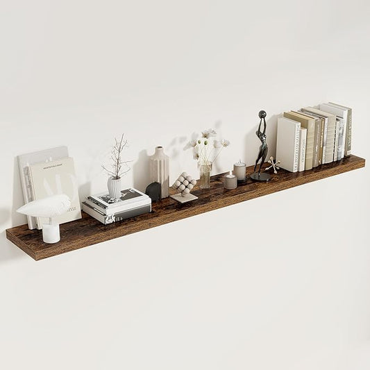 Fun Memories 72 Inch Floating Shelves, 8 Inch Deep Floating Shelf, Large Shelves with Invisible Bracket for Books|Storage, Rustic Wood Wall Shelf for Bedroom, Kitchen, Living Room, Rustic Brown