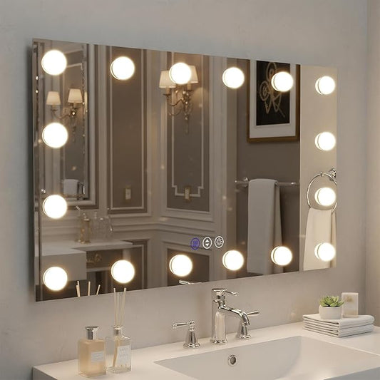 40x24 Hollywood Bathroom Mirror with Lights, Wall Mounted Mirror with LED Bulbs, 3 Colors and Dimmable Light, Defog Mirror, Tempered Glass, Memory, Waterproof, ETL Listed, Horizontal/Vertical