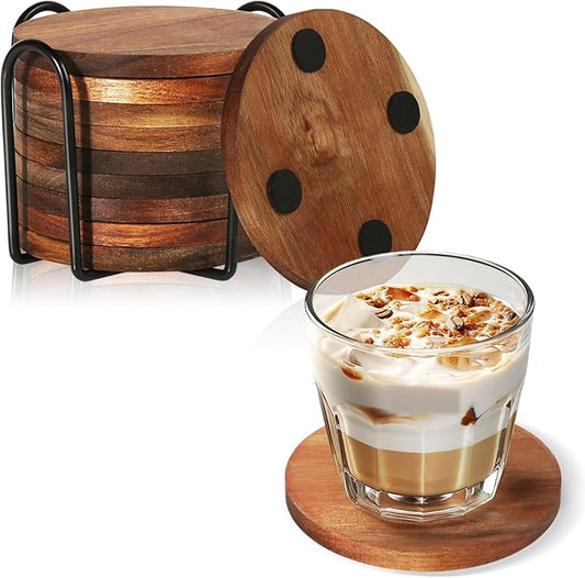 10 Pcs Wood Coasters with Holder, Wooden Coasters for Drinks Absorbent, Drink Coasters for Coffee Table, Modern Home Decor, Coaster Set for Table Protection, Office, Bar