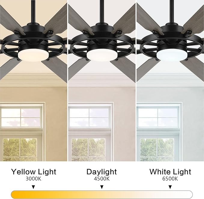 ELEHINSER 72 Inch Ceiling Fan with Lights and 3 Downrods, 8 Plywood Blades, 6-Speed Noiseless Reversible DC Motor, 3CCT, Windmill Ceiling fan for Kitchen Bedroom Living Room, Black and Grey