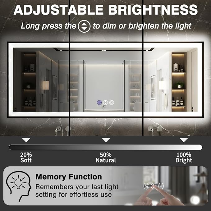 40x30 LED Bathroom Mirror, Black Aluminum Framed, Backlit + Front-Lit, 3 Colors Temperature Changeable, Dimmable Vanity Mirror, Tempered Glass, Defog, Waterproof, Memory (Horizontal/Vertical)