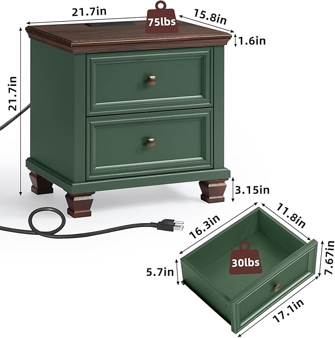 Farmhouse Nightstand with Charging Station, Rustic Low Night Stand with 2 Drawers, Mid-century Modern End Table with 4 Square Solid Wood Legs, Small Vintage Dresser for Bedroom, Home, Green