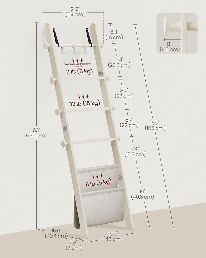 VASAGLE Blanket Ladder for Living Room, 5-Tier Wooden Ladder Shelf, Decorative Farmhouse Blanket Rack with Synthetic Leather Bag, Metal Hooks, Side Hooks, for Bedroom, Cream White ULLS022W01