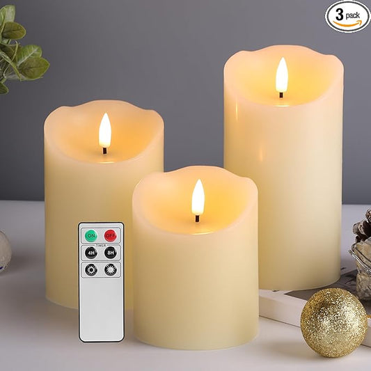 Eywamage Ivory Flameless Pillar Candles with Remote, Flickering Realistic LED Battery Wax Candles Set of 3, Φ 3" H 4" 5" 6"