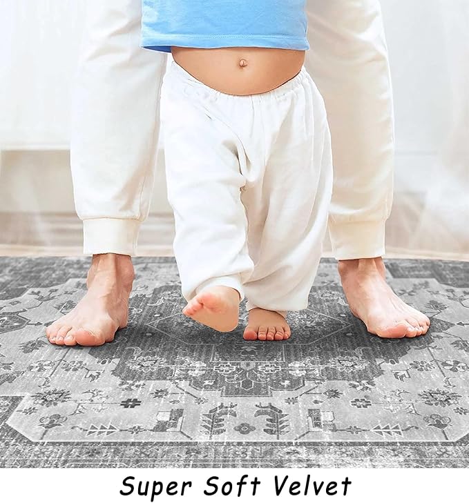 vivorug 4x6 Area Rugs, Stain Resistant Washable Rug for Living Room, Vintage-Inspired Grey Floral Rug