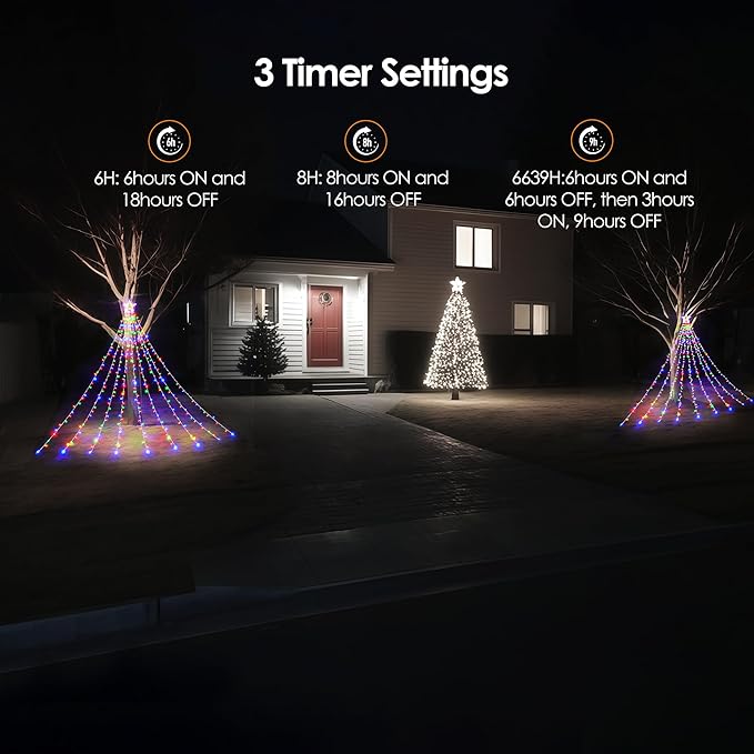 WBao Outdoor Christmas Decorations with 12" Star Topper, 344 LED 11.9ft Waterfall Christmas Lights with Remote Control, 8 Modes, 3 Timers, UL Listed, Waterproof for Tree Roof Porch Decor, Multicolor