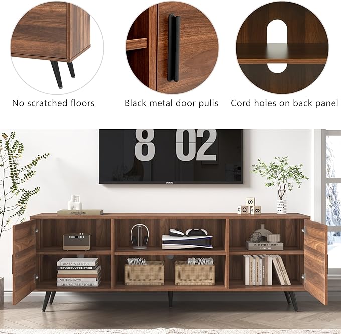 AUXSOUL 70 Inch Mid Century Modern TV Stand for 75 Inch TV, Wood TV Stand with Storage, Entertainment Center for Living Room Bedroom, TV Media Console, Walnut