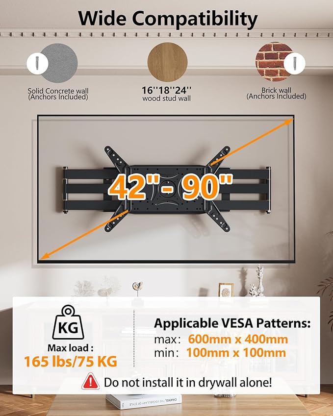 180° Landscape Vertical Rotating Extra Long Arm TV Wall Mount with 42inch Extension, Heavy Duty Full Motion TV Mount for Extra Large 80,85,90 inch up to 132 lbs, Max VESA 600x400mm, 16-24" Stud Wall