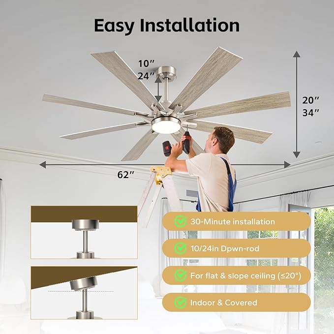 62 Inch Outdoor Ceiling Fan with Light, Modern Industrial Lighting & Ceiling Fans for Patios Porch Garage, Large Ceiling Fan with High CFM Reversible Energy Efficient DC Motor, Silver/Oak Dual Finish