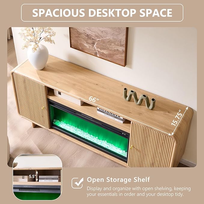 70" Fluted Fireplace TV Stand for 80 Inch TV, Modern Entertainment Center w/36'' Electric Fireplace, Wood Media Console w/Curved Profile Design and Adjustable Shelves for Living Room,Natural Oak