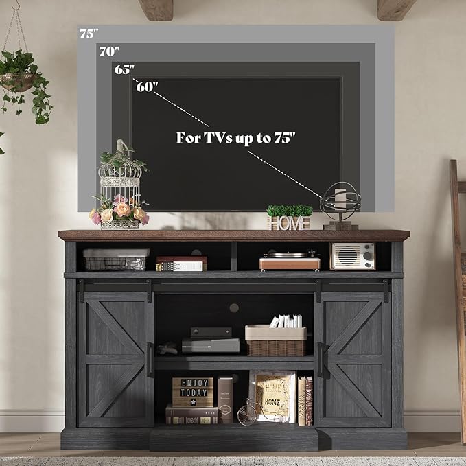 AMERLIFE 66" W Farmhouse TV Stand, Wood 40" H Tall Entertainment Center with Sliding Barn Door & Large Storage Shelves, Rustic Media Console for TVs up to 75", Dark Grey