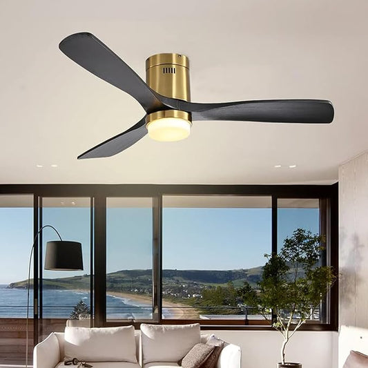 Sofucor 52 Inch Low Profile Ceiling Fan with Light, Solid Wood 3 Blades with Remote Outdoor Ceiling Fan with Light, Dimmable Light, 6-Speed, Timer, Reversible DC Motor for Living Room Bedroom