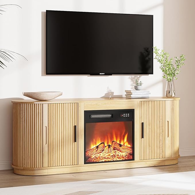 Fluted TV Stand with Fireplace, 60" Mid Century Modern TV Stand with Fireplace for Living Room, Entertainment Center with 18" Electric Fireplace & Sliding Doors, Wood Console for TV Up to 65"