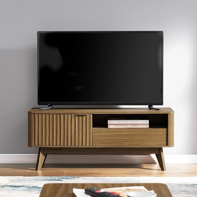 mopio Brooklyn Mid-Century Modern TV Stand, for TVs up to 50” / 59" Waveform Panel, Sleek Curved Profile with Adjustable Shelf and Sturdy Box Frame Leg (Natural Walnut, 47")