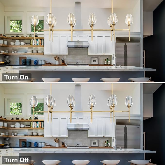 Modern Crystal Chandelier 10 Lights Brass, 65in Gold Rectangle Tulip K9 Crystal Chandeliers, Large Chandelier Ceiling Light for Dining Living Room Bedroom Entryway, E12 Bulbs Included