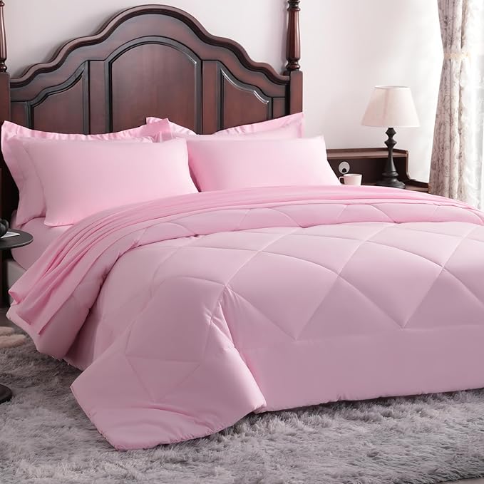 NTBAY Queen Comforter Set with Sheets, 7 Pieces Soft and Breathable Queen Bedding Set, Bed in a Bag, Down Alternative Comforter Set Solid Color All Season, Queen Bedding Set, Pink