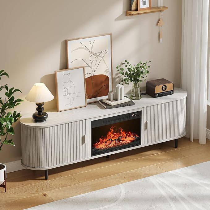 70.8" Fluted Fireplace TV Stand with 23" Electric Fireplace, Modern Chic Entertainment Center for TVs Up to 80 inches, Wooden Curved Media Console with Sliding Doors for Living Room, White Oak