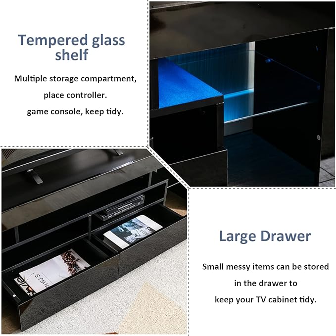 TV Stand with 16 Color LED Lights, Media Console with Drawer and Glass Open Shelf for 60/65/70 inch TV, Modern Gloss Entertainment Center for Living Room, Black