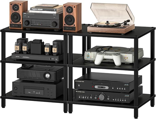 LELELINKY 3-Tier AV Media Player Stand Set of 2, Black Stereo Cabinet, Wooden TV Stand,Game Console Shelf, Multifunctional Entertainment Center, Suitable for Home, Conference Room, Game Studio