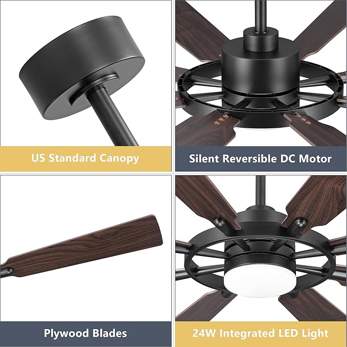 ELEHINSER 60 Inch Ceiling Fan with Lights and Remote Control, 8 Plywood Blades, 6-Speed Noiseless Reversible DC Motor, 3CCT, Windmill Ceiling fan for Kitchen Bedroom Living Room, Black and Walnut