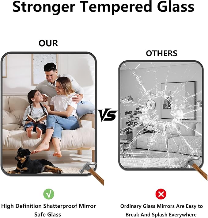 Bathroom Mirror, 28X32 Inch Black Metal Framed Mirror for Bathroom, Tempered Glass, Anti-Rust, Rounded Rectangle Mirror for Restroom, Bedroom, Black