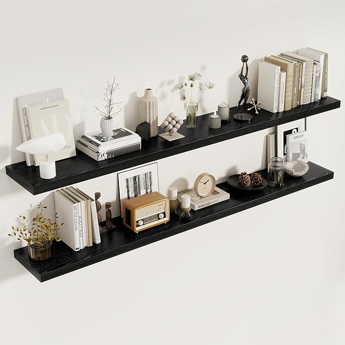 72 Inch Floating Shelves 2 Pack, 8 Inch Deep Floating Shelf Wall Mounted, Large Shelves with Invisible Bracket for Books|Storage, Rustic Wood Wall Shelf for Bedroom, Kitchen, Living Room, Black