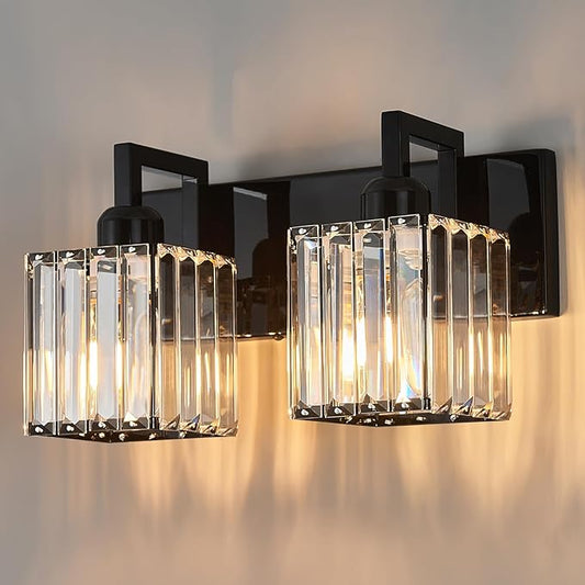 Modern Bathroom Vanity Light 2-Lights Plating Black Vanity Light Crystal Wall Light Bathroom Light Fixtures