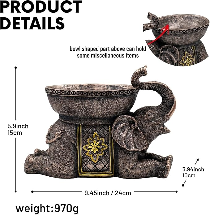 Elephant Decor Resin Sculpture with Tray – Antique Style Animal Figurine for Home, Office, Bookshelf, TV Stand – Unique Gift for Women, Moms, Friends(Copper Elephant Tray)