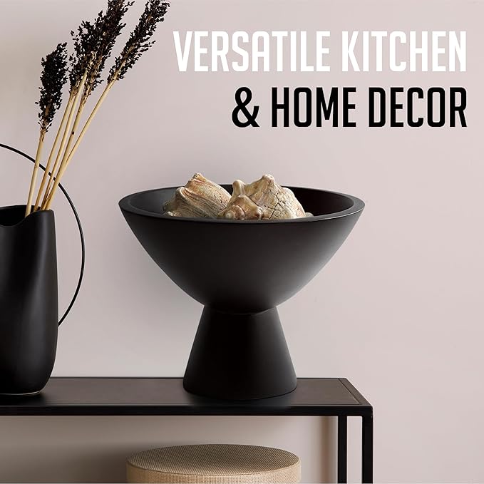 Black Pedestal Bowl - 8 Inch, Wide Black Footed Bowl as Fruit, Key, Decorative, Candy Holder or Centerpiece, Wooden Bowl Decorative for Kitchen, Dining Table & Modern Home Accessories