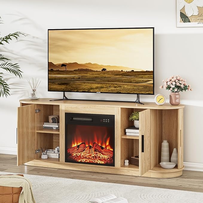Fluted TV Stand with Fireplace, 60" Mid Century Modern TV Stand with Fireplace for Living Room, Entertainment Center with 18" Electric Fireplace & Sliding Doors, Wood Console for TV Up to 65"