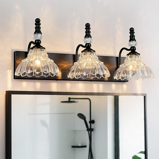 Vintage Bathroom Vanity Light, 3-Light Black Vanity Lighting Fixture with Flower Glass Shade, Bathroom Lighting Fixtures Over Mirror