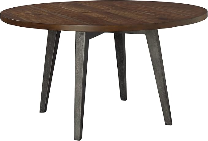 Hekman Monterey Point Round Dining Table – Round Solid Wood Dining Table, Slab Top Acacia Veneers, 4-Sided Tapered Iron Legs, Rustic Mide-Century Modern Style, Brown, Kithcen and Dining Room Furniture