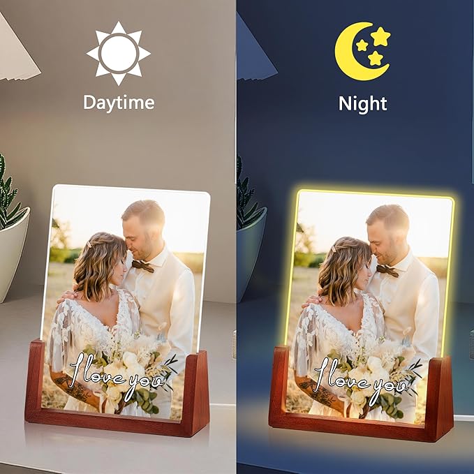 Personalized Christmas Valentines Couple Gifts For Boyfriend Girlfriend, Custom Light Up Picture Frame With Photo, LED Night Light With Photo, Anniversary Birthday Gifts For Women Men Him Her