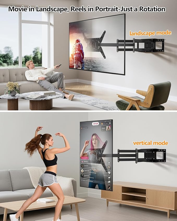 180° Landscape Vertical Rotating Extra Long Arm TV Wall Mount with 42inch Extension, Heavy Duty Full Motion TV Mount for Extra Large 80,85,90 inch up to 132 lbs, Max VESA 600x400mm, 16-24" Stud Wall