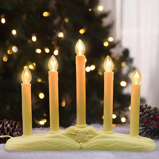 Window Candles for Christmas, Battery Operated or Electric LED Flameless Taper Candlesticks with Timer and Sensor for Holiday Home Window Decoration, Ivory Base, 5-Light Set