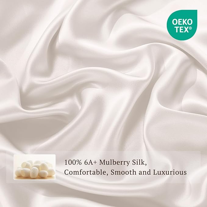 THXSILK Silk Sheet Set 4Pcs, 6A+ Top Grade 100% Pure Mulberry Silk Bed Sheets Ultra Soft Durable Luxury Bedding Sets, 1 Fitted Sheet, 1 Flat Sheet and 2 Pillowcases (Twin, Pearl White)
