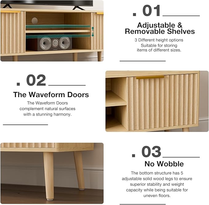 TV Stand for Living Room, Boho Entertainment Center for 55/60 inch TVs, Media Console with Fluted Door Cabinets and Open Shelves, for Bedroom, Oak