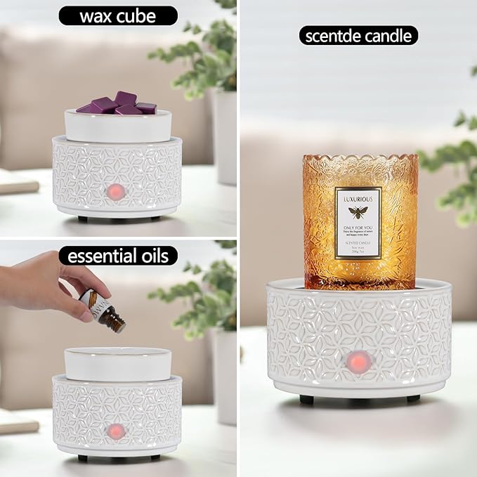 Electric Wax Melt Warmer 4-in-1 Candle Warmer for Scented Wax Melter Cute Ceramic Fragrance Wax Burner for Home Office Bedroom Deco Gift for Women White.