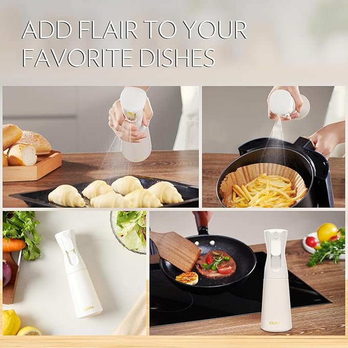 FLAIROSOL OLIVIA Oil Sprayer for Cooking, 200ml Glass Olive Oil Sprayer, Continuous Cooking Spray with Portion Control, Oil Dispenser for Kitchen, Air Fryer, Salad, BBQ (White Bottle, Gold Print)