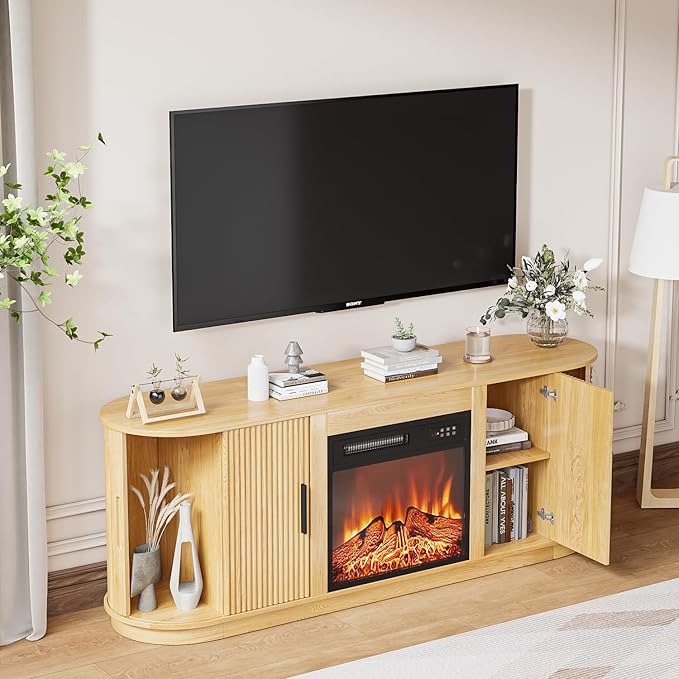 Fluted TV Stand with Fireplace, 60" Mid Century Modern TV Stand with Fireplace for Living Room, Entertainment Center with 18" Electric Fireplace & Sliding Doors, Wood Console for TV Up to 65"