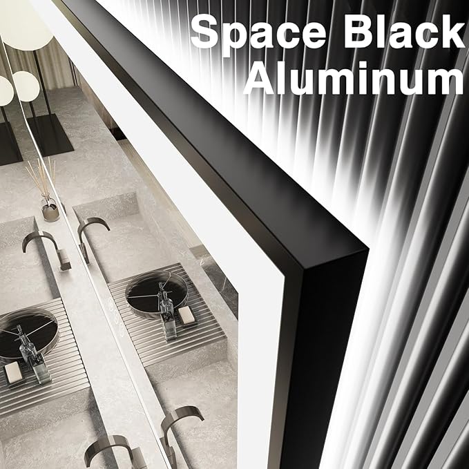 48x40 LED Bathroom Mirror for Wall, Black (Metal, Aluminum) Framed, Front Light and Backlit, 3 Colors and Dimmable Vanity Mirror, Anti-Fog, Shatter-Proof, Memory (Horizontal/Vertical)