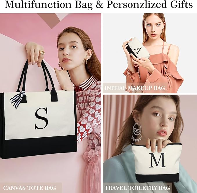 YOOLIFE Christmas Gifts for Women - Initial Canvas Tote Bag & Makeup Bag, Birthday Gifts for Women Mom Sister Friends