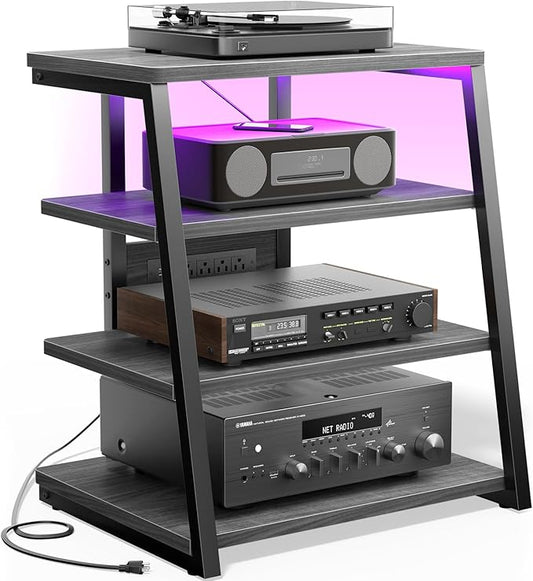 AV Media Stand with Outlets, Media Console with LED Lights, Stereo Racks and Stands with Storage Shelves, Media Audio Tower Stand, Light Grey Walnut