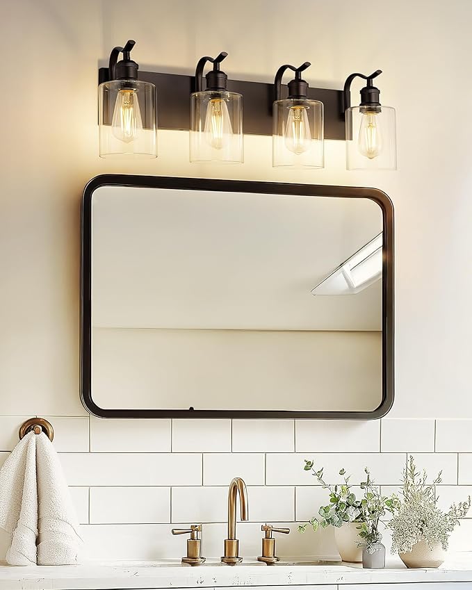 4 Light Bathroom Vanity Light, Morden Bathroom Vanity Lights Over Mirror Oil Rubbed Bronze Wall Sconce Light with Clear Glass Shade ZCVL01ORB-4